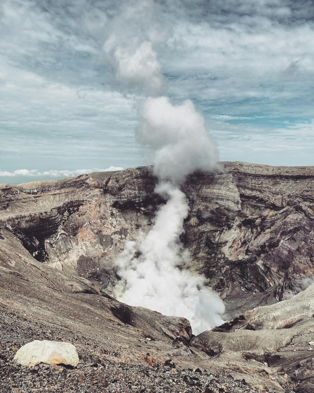 Smoke rising from the active crater of Mt Aso volcano in Kyushu Japan