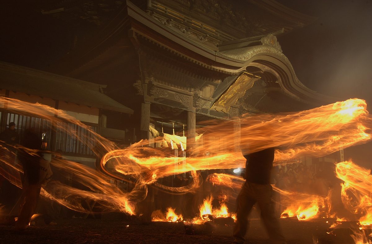 Aso Shrine fire swinging ritual during the Onden Matsuri festival