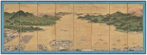 Folding screen painting of Dejima island in Nagasaki Bay by Kawahara Keiga, circa 1836