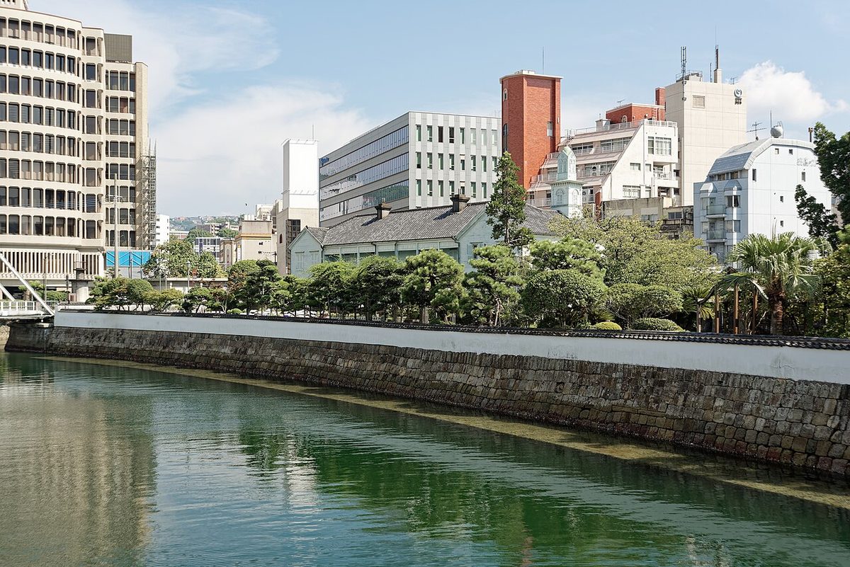 Modern view of the reconstructed Dejima trading post from Tamae Bridge, Nagasaki