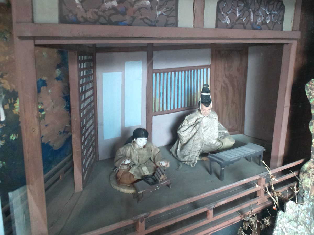 Hakata dolls depicting the childhood of Sugawara no Michizane displayed at a shrine