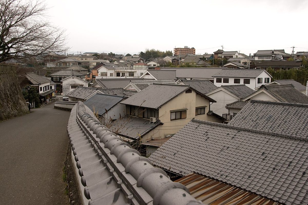Stone walls and traditional buildings in Kitsuki castle town