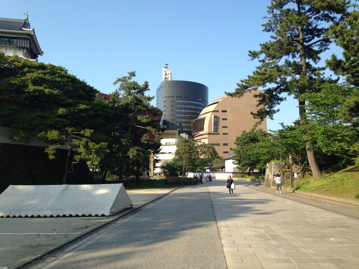 Modern Riverwalk shopping complex seen from Kokura Castle grounds
