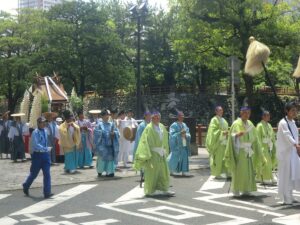 The Goshinkosai parade during Kokura Gion Daiko festival with decorated dashi carts