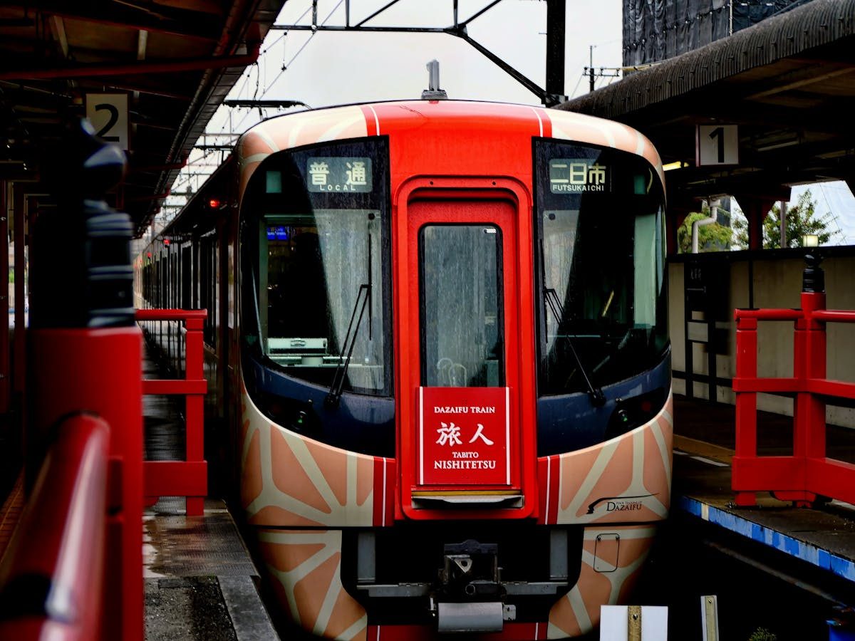 The colourful Dazaifu-bound train at Fukuoka station