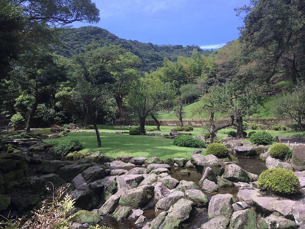 The Kyokusui garden at Sengan-en in Kagoshima, with its meandering stream