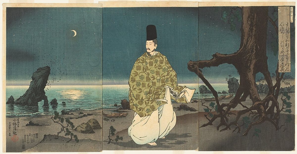 Woodblock print depicting Sugawara Michizane in exile, by Kobayashi Kiyochika