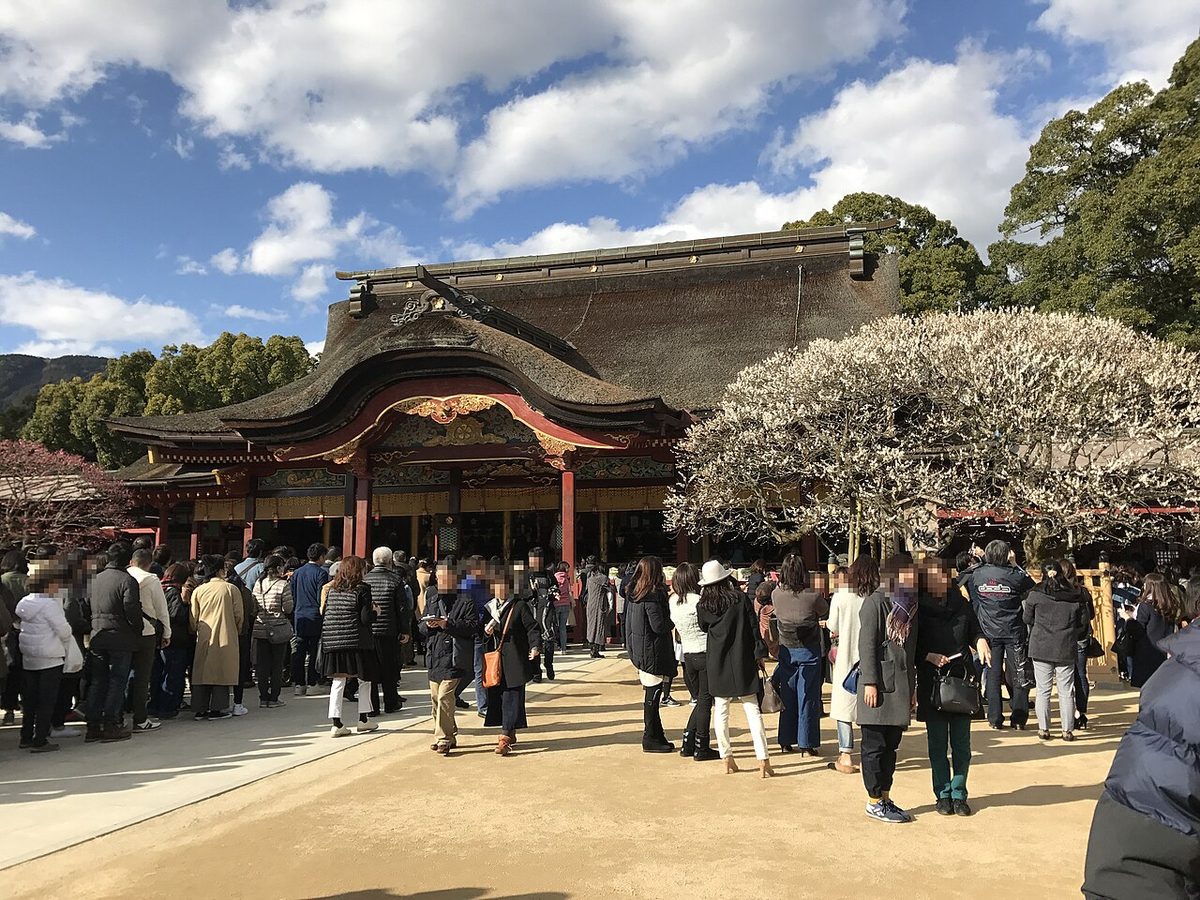 The tobiume flying plum tree in front of the main hall at Dazaifu Tenmangu