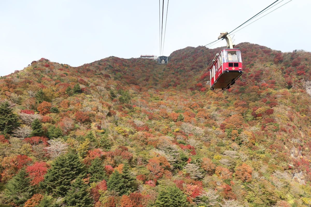 Unzen Ropeway surrounded by autumn foliage in Nagasaki
